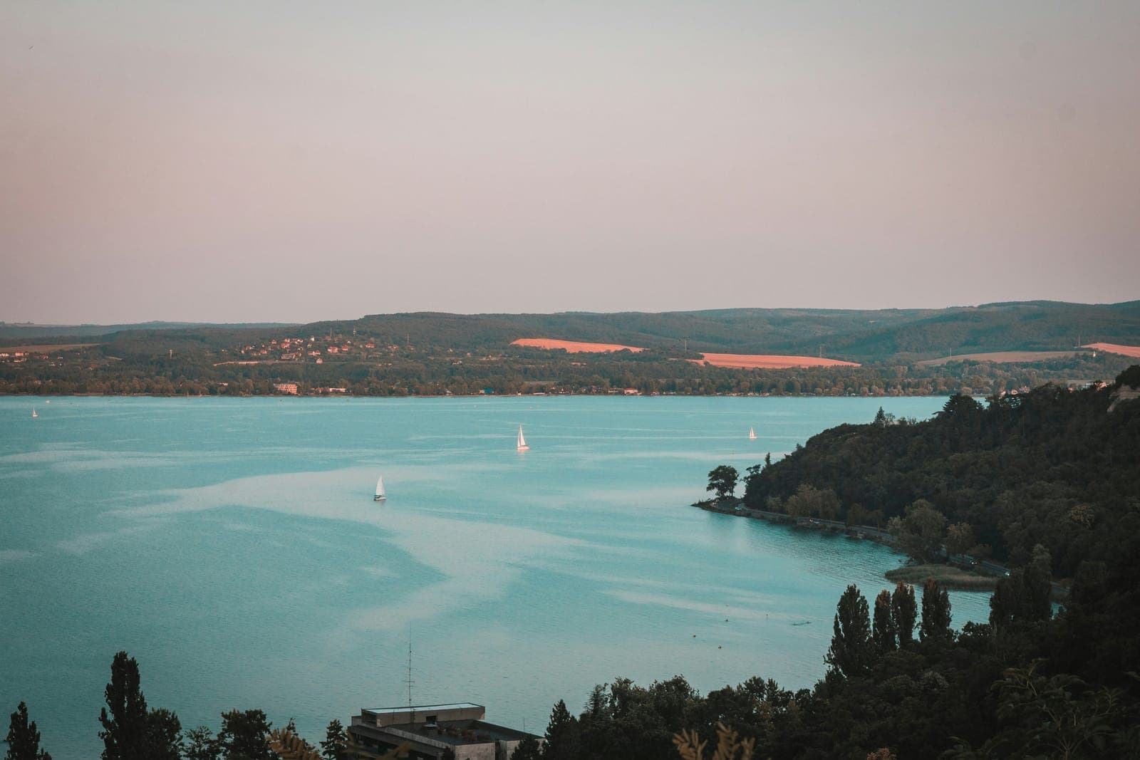 Sailboats on Lake Balaton seen from the Tihany peninsula